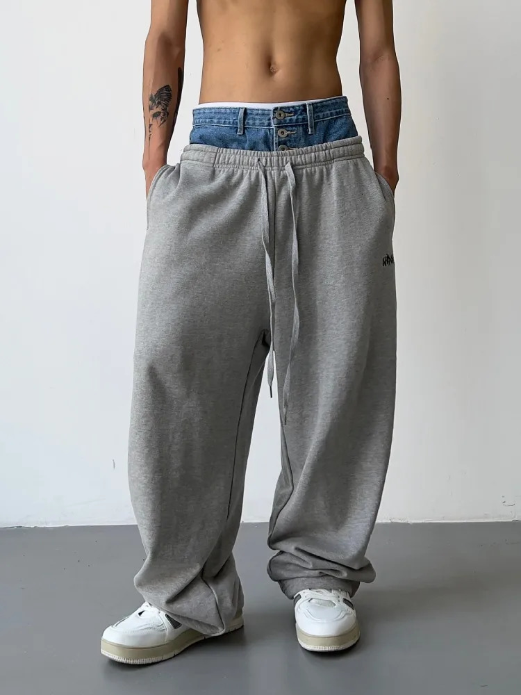 HOUZHOU Hip Hop Grey Sweatpants Sports Pants Button Jean Elastic Waist Pants Loose Trousers Y2K Casual Sportwear Pants Joggers 240527