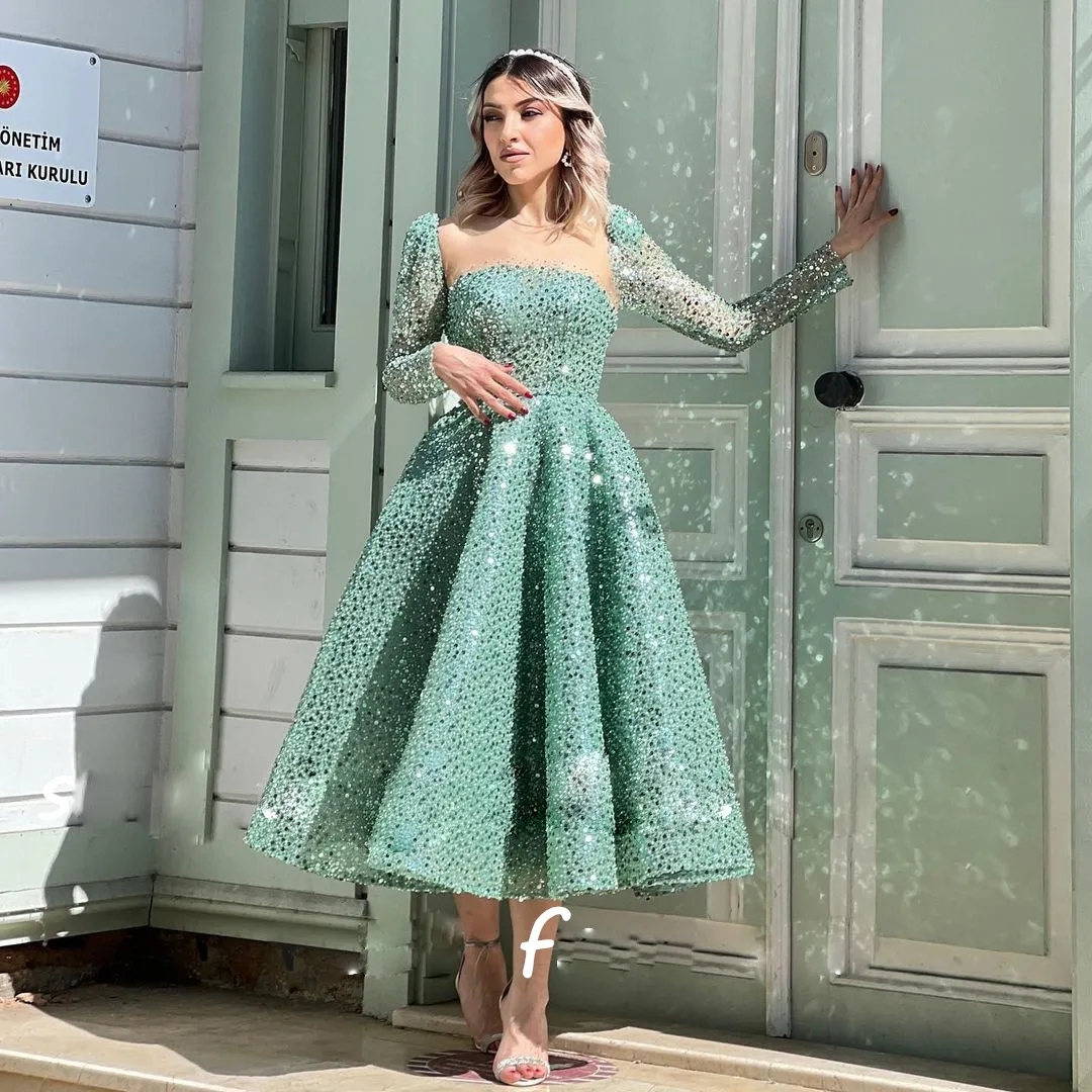 Shiny Sequined Tea Length Prom Dresses Sheer Neck Long Sleeve Beaded Formal Party Gown Pleat Short Womens Special Ocn Dress 6660312