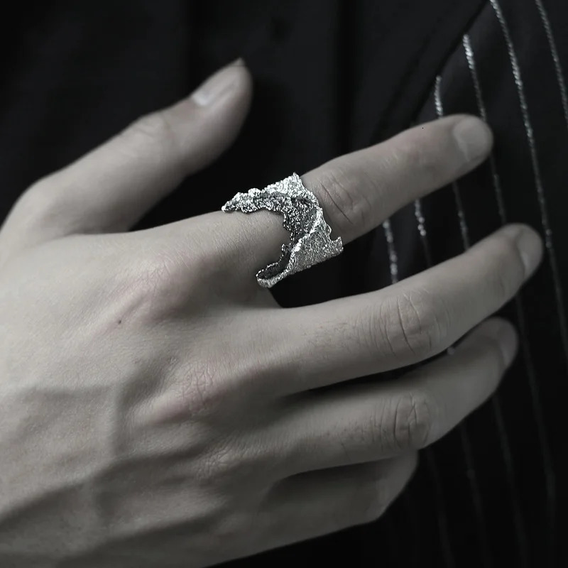 F.I.N.S Exaggerated S925 Sterling Silver Wrinkle Ring Retro Old Open Contrast Color Index Finger Ring Solid Silver 925 Jewelry 240530