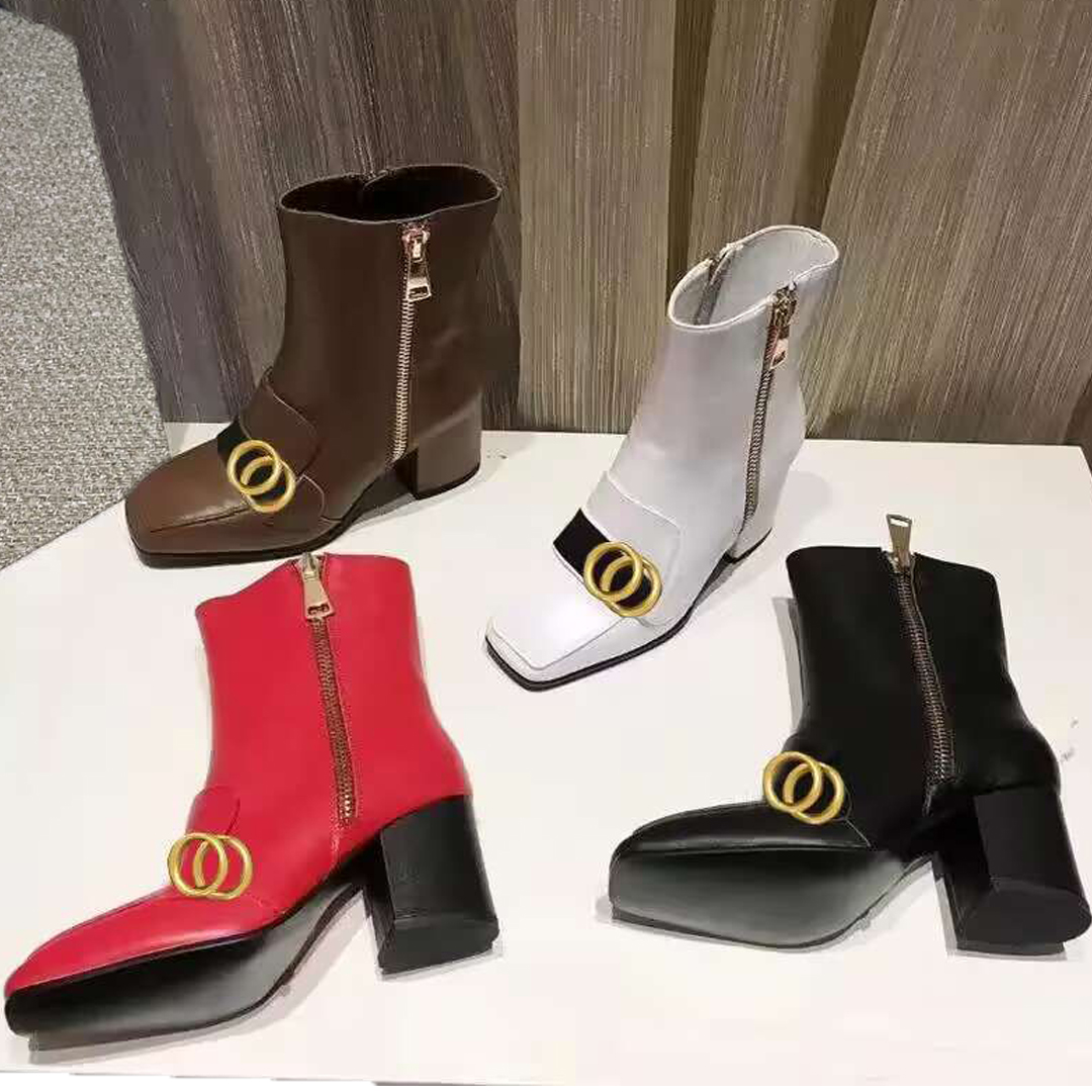 short boots designer womens shoe 100% Leather Belt buckle Metal zipper women Shoes Classic Thick heels High heeled Fashion Pearl Lady boot Large size 35-41-42 us4-us11