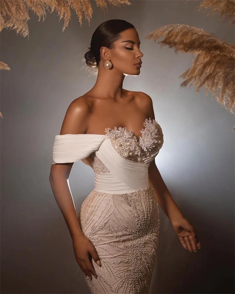Ful Lace Mermaid Bridal Gowns Pearl Wedding Dress With Overskirts Sequins Off The Shoulder Custom Made Sweep Train Vestido De Novia 0219