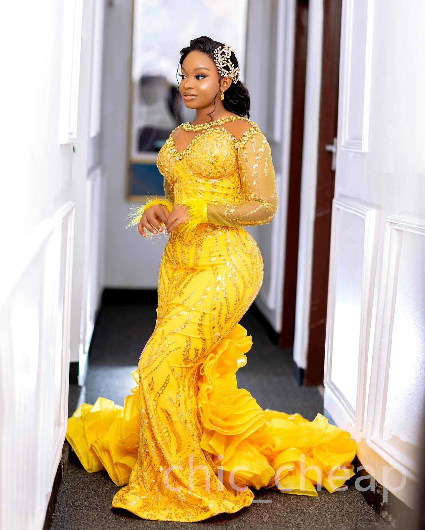 2024 Aso Ebi Plus Size Yellow Mermaid Prom Dress Lace Crystals Evening Formal Party Second Reception 50th Birthday Engagement Thanksgiving Gowns Dress