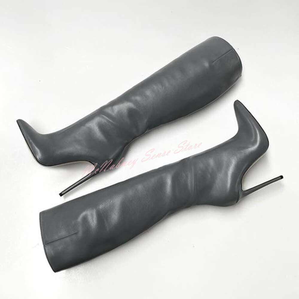Genuine Leather Pointed Stiletto Heels Solid Knee High Boots Slip On Women Sexy Designer Winter Autumn Casual Shoes