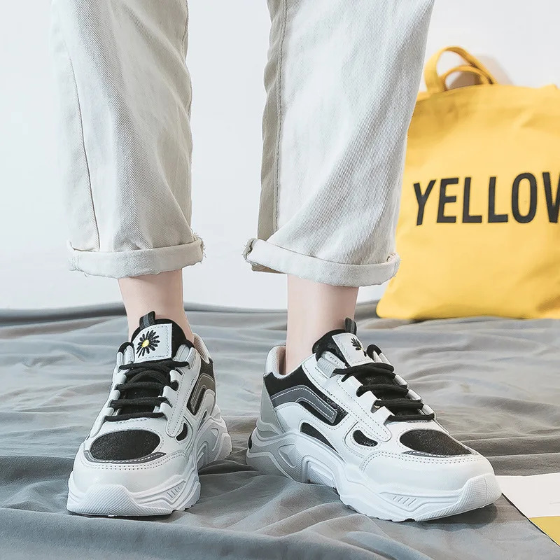 Running Shoes Fashion Platform Autumn PU Leather Woman Thick Sole Casual Sneakers Youth Girls Students Trainers Lace-up