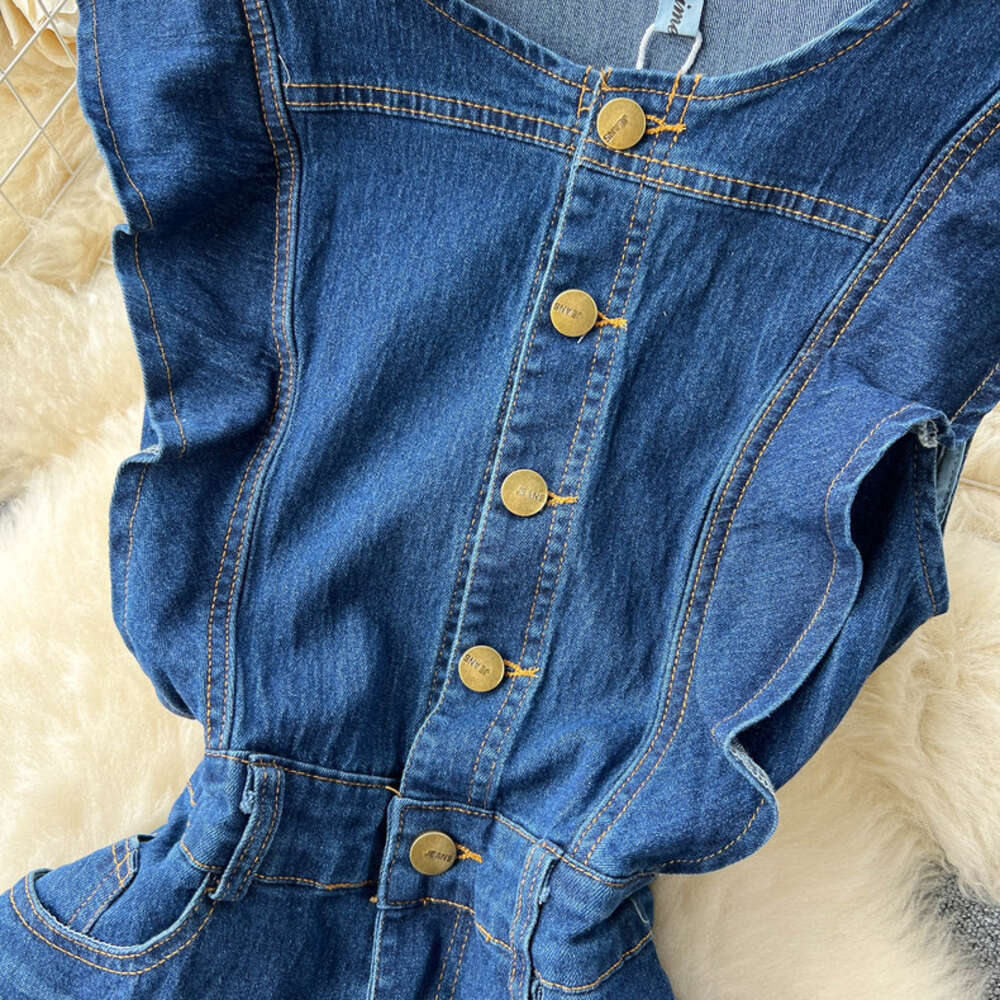 French Hepburn style denim dress summer waist down slimming temperament niche design unique long skirt