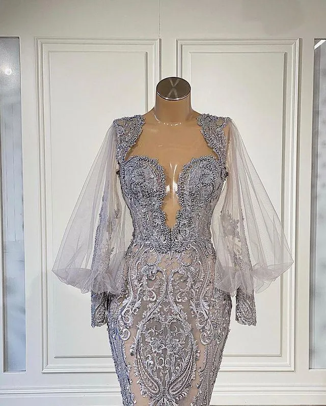 Mermaid Lace Evening Dresses Beaded Long Sleeve Prom Dress Appliqued Formal Party Gowns Pageant Wear Custom Made Vestido de novia