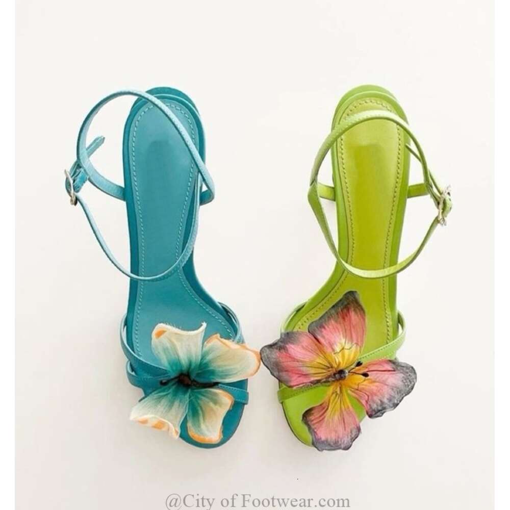 designer shoes Butterfly Flower Real Leather Sandals Women Summer Blue/Green Ankle Strap Thin High Heels Designer Party Vintage Shoes