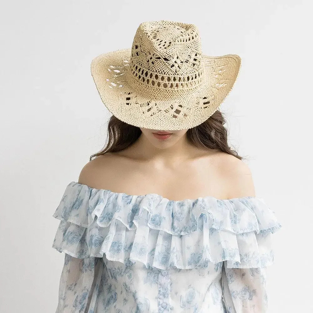 Summer Outdoor Men Women Handwoven Western Cowboy Straw Hats Wide Brim Breathable Beach Jazz Cap Sun Protection Hat 240604