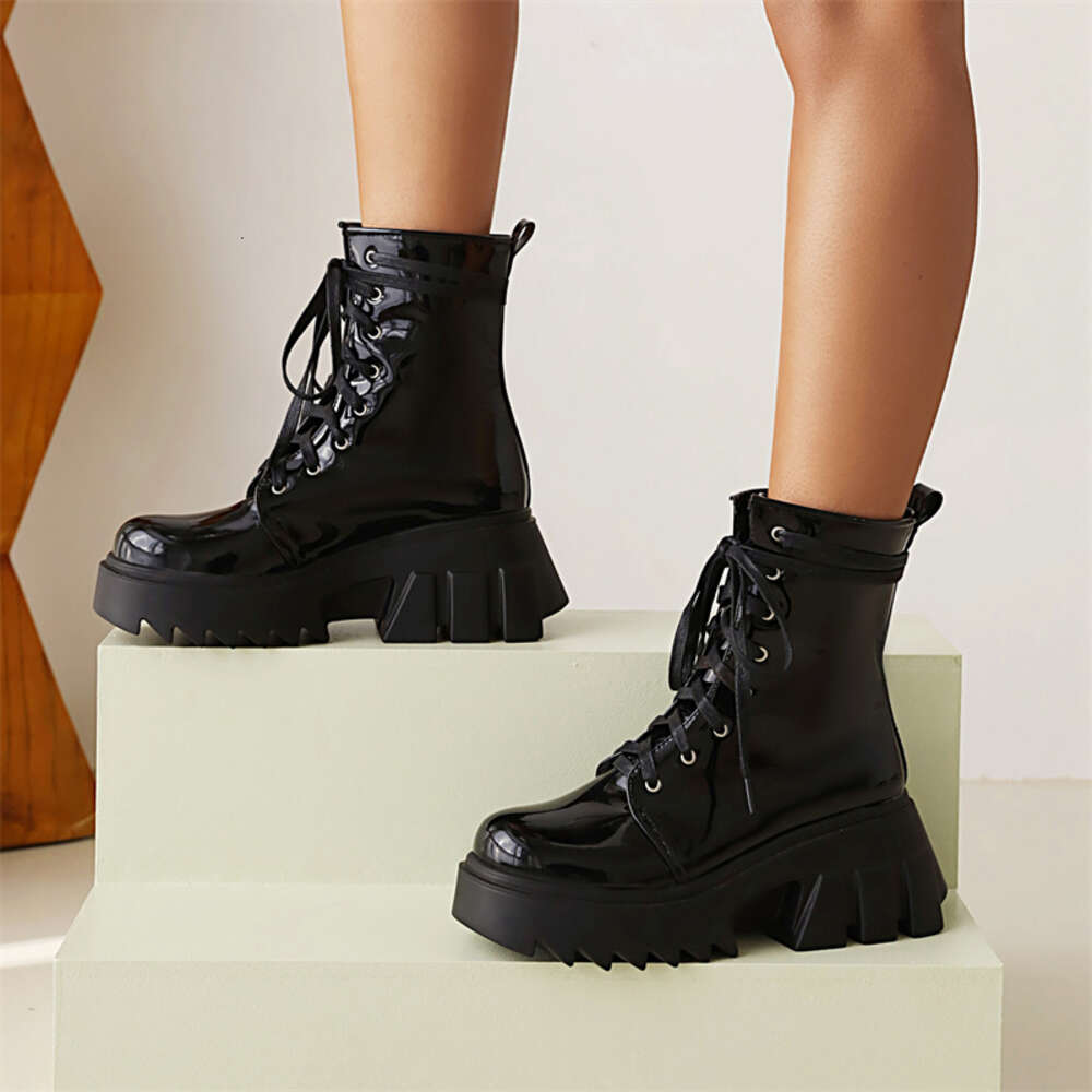 YMECHIC Yellow Lace-Up Patent Leather Combat Boots For Women Thick Bottom Platform Wedge Heels Shoes Ladies Autumn Winter 2022