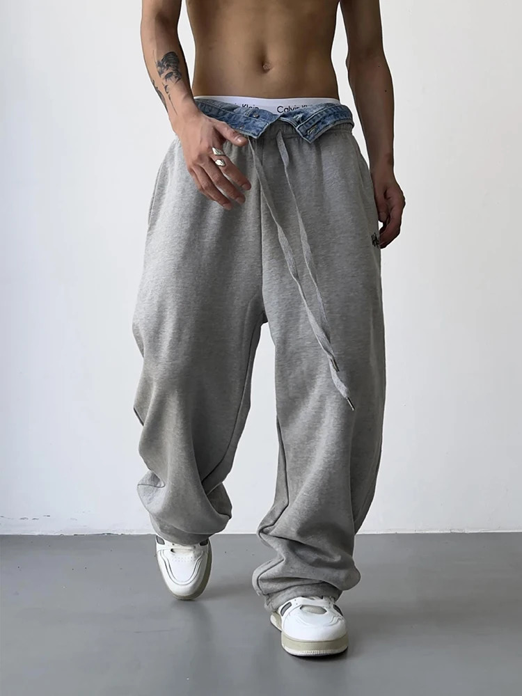 HOUZHOU Hip Hop Grey Sweatpants Sports Pants Button Jean Elastic Waist Pants Loose Trousers Y2K Casual Sportwear Pants Joggers 240527