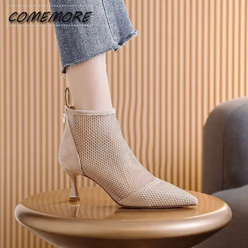 2024 Women's Mesh Sandals Boots Sexy Summer High Heels Holllow Out Breathable Casual Shoes Ankle Botas Back Zip Pointed Toe 240620