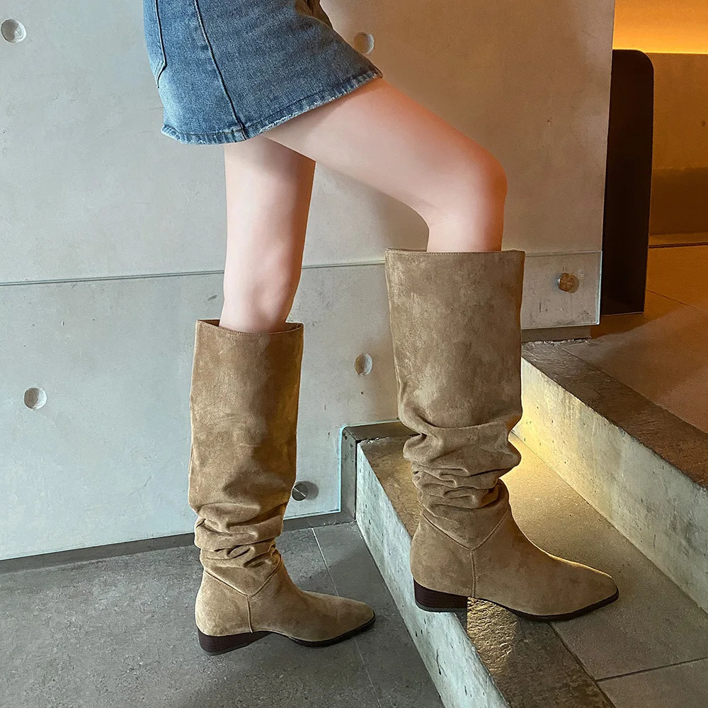 Womens knee high boots womens sliding on simple pleated suede winter Botas large circle spring and autumn womens elastic boots 240607