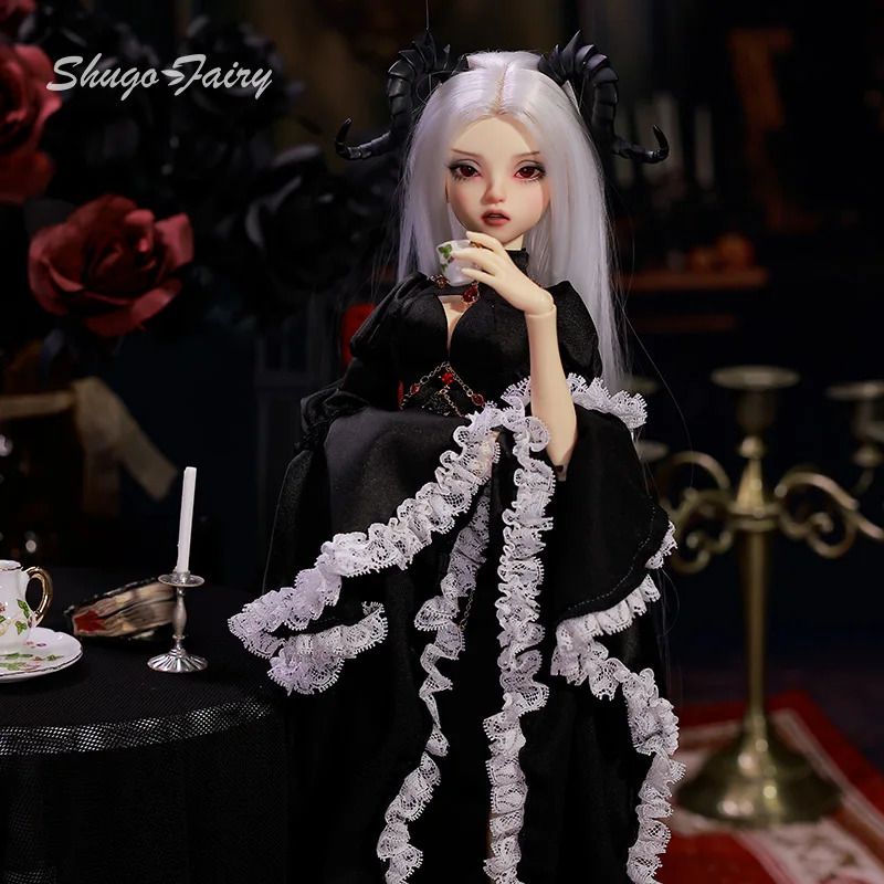 Dolls Bubo Bjd Doll 14 Barly Fantasy Dark Red Eyes Goat Witch Magic Black Robe Lace Vanguard Halter Fishbone Chain Girl Dolls Toy 240603 S2412261