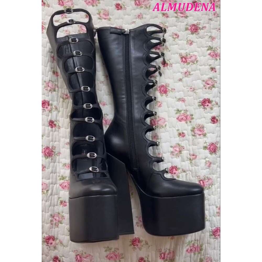 Pink Satin Platform Knee High Women Black Chunky Heel Buckled Zip Leather Boots Designer Big Size Cute Shoes