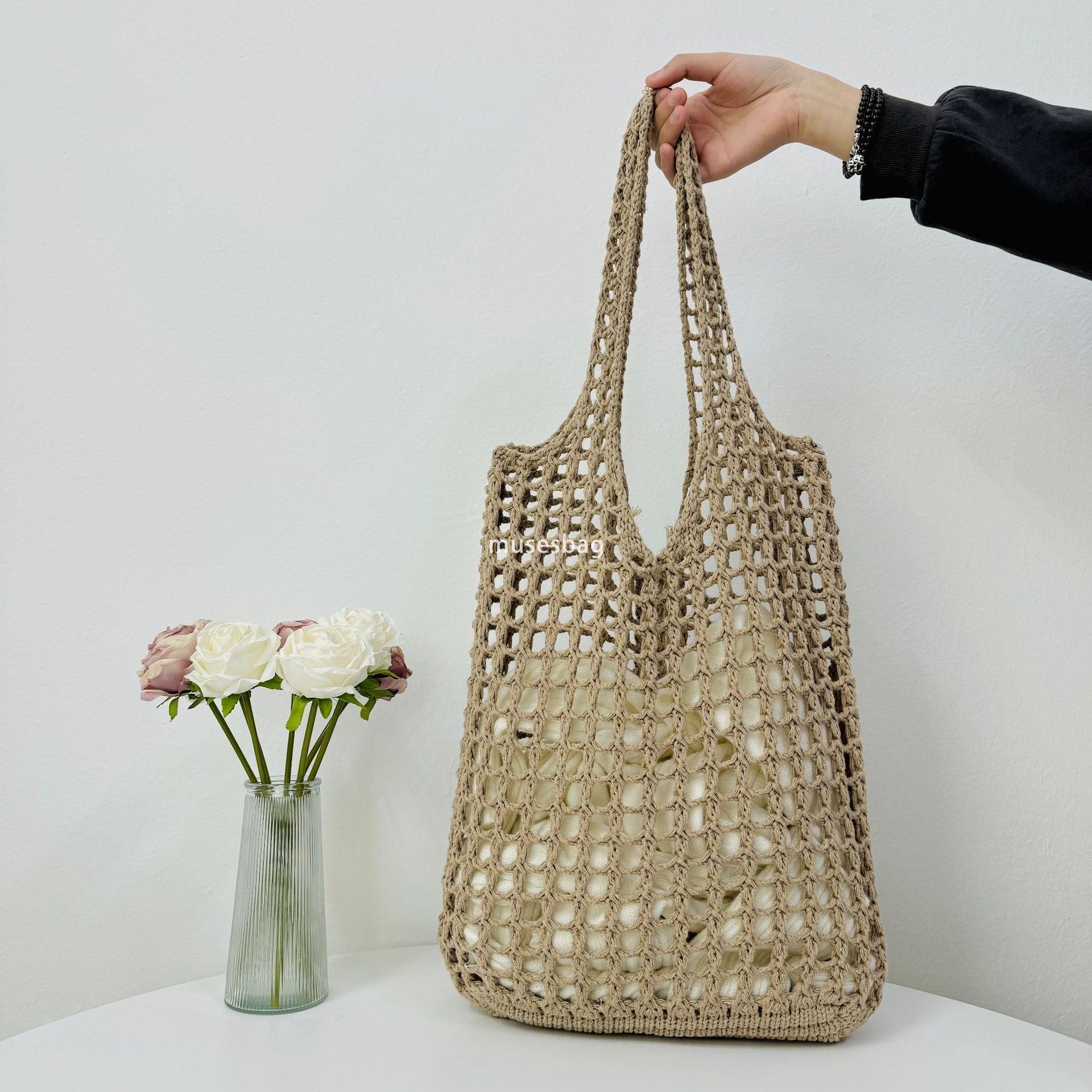 New Knitted Handbag Japanese and Korean Tote Bag Travel Shopping Bag Knitted Bag Hollow Bag Beach Bag Woven Bag for Women
