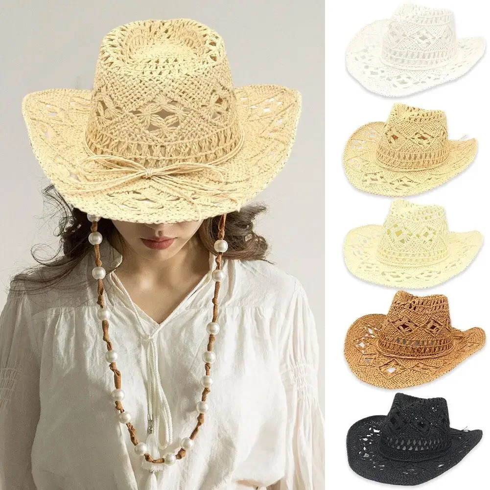 Summer Outdoor Men Women Handwoven Western Cowboy Straw Hats Wide Brim Breathable Beach Jazz Cap Sun Protection Hat 240604
