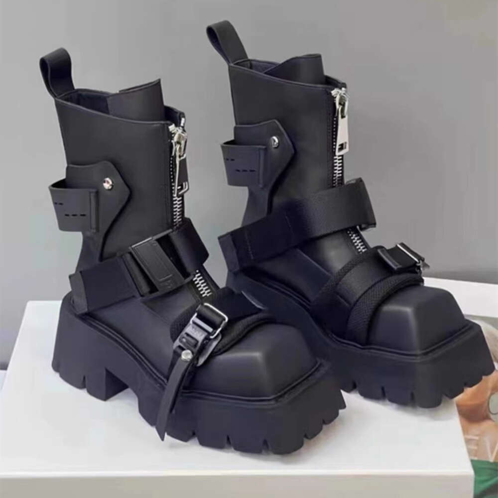Autumn Women Ankle Thick Sole Zipper Belt Buckle Fashioner Shoes Leather Motorcycle Platform Boots Botines Zapatos