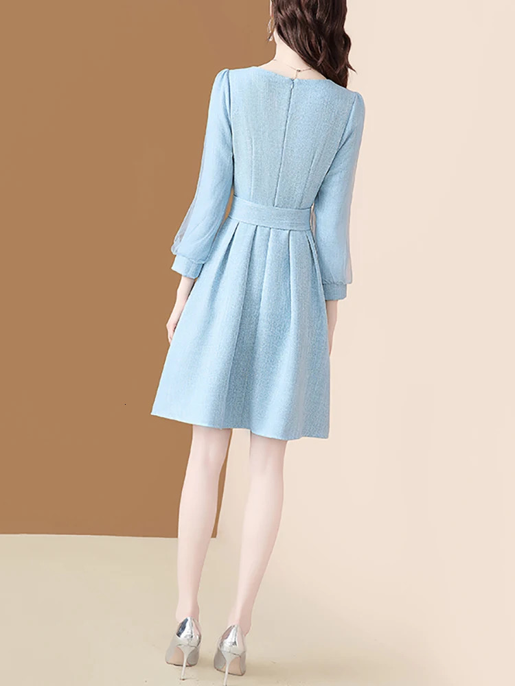 EVNISI Elegant Solid Tweed Dress With Belt Women Square Collar Diamonds Shiny Bee Brooch Vintage Dresses Office Lady Vestidos 240529