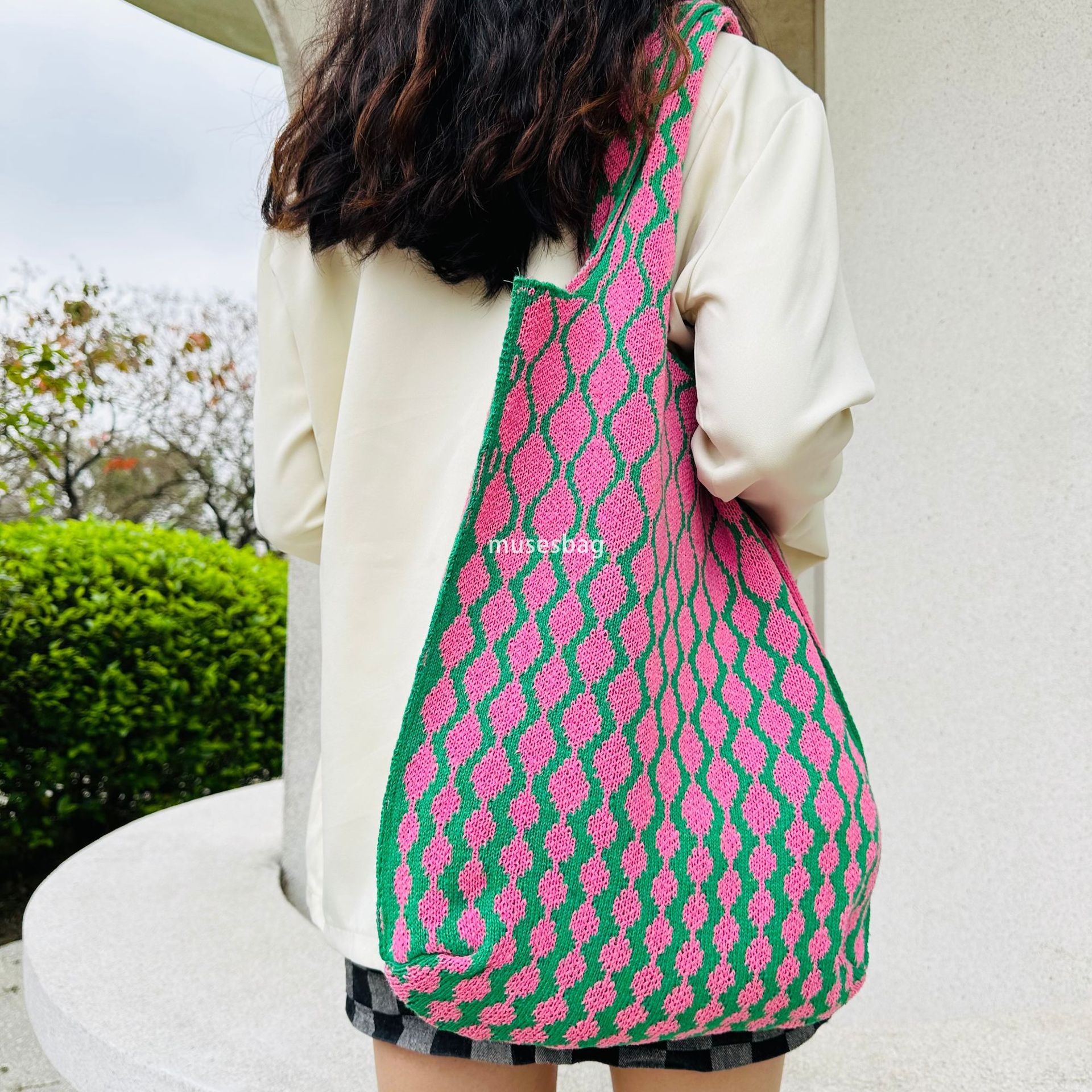 New niche design knitted bag woven bag large capacity tote bag commuter office worker student party, Bohemian shoulder bag diamond pattern bag