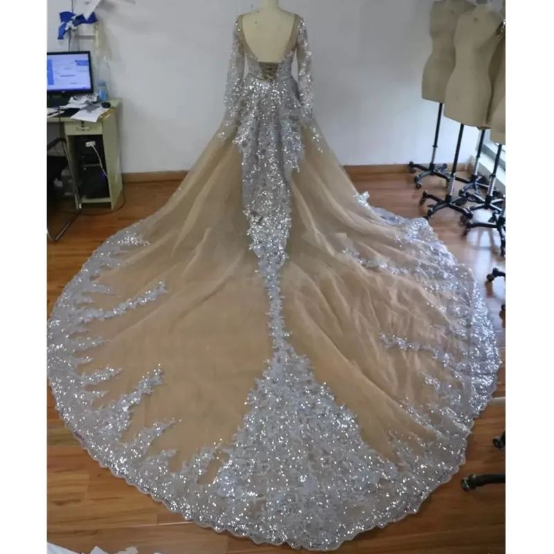 Sparkly Ball Gown Sheer Neck Sequins Beaded Tulle Long Sleeves Backless Wedding Gowns Plus Size Bridal Dresses 2024 6660312