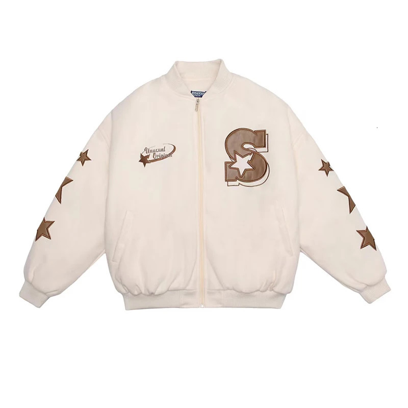 American Retro Baseball Jacket Man Street Star Letter Embroidery Y2K Jackets Coats Autumn Winter Warm Zip Bomber Outwear Unisex 240530