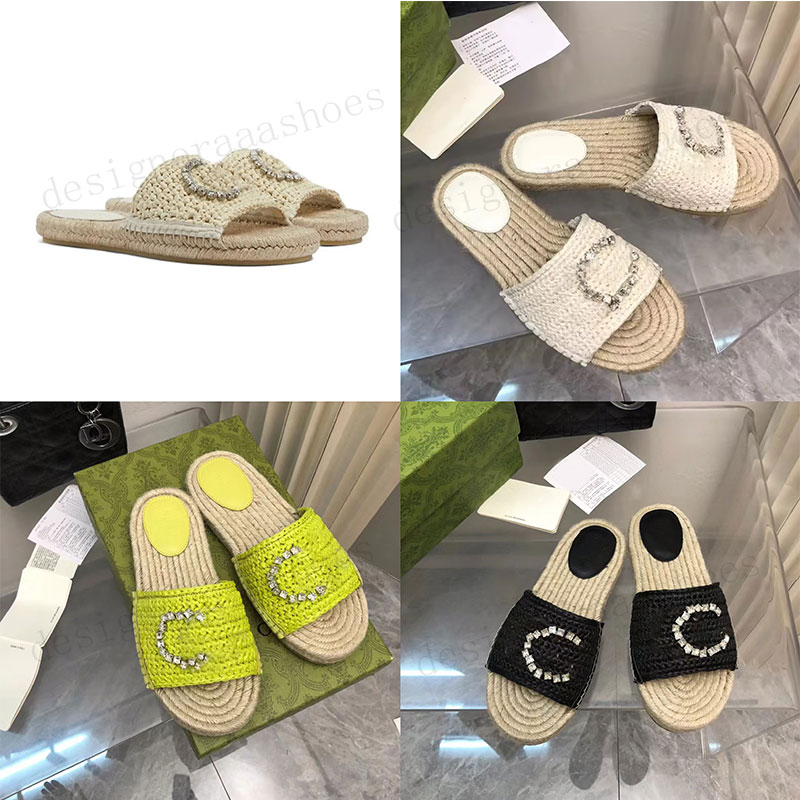 Designer Slippers Straw Women Espadrille Crochet Mules Slide Sandals Luxury Sliders Interlocking Crystal Slipper Vacation Straw Sandal Woman Hollow Out Sandales