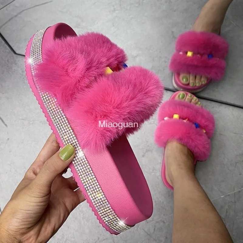 Designer Womens Fur Rhinestone Slippers Platform Wedges Heel Solid Fluffy Furry Slides Outside Sexy Shoes Ladies CasualL464