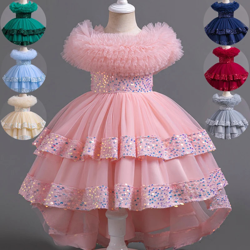 A127 Baby Girls Trailing Dress Princess Party Dress Flower Elegant Wedding Gown Big Bow Birthday Kids Dresses For Girls Children 240531