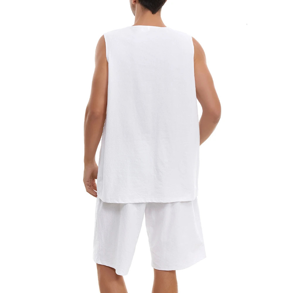 Summer Cotton Linen Shirt Set Mens Casual Outdoor 2-Piece Suit Andhome Clothes Pajamas Comfy Breathable Beach Short Sleeve Sets 240530