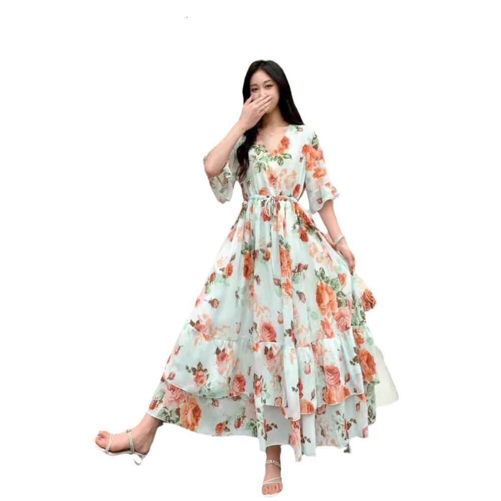 Summer New Ruffle Edge Style Fragmented Flower Slim Fit Waist Slimming Lace up Chiffon Short Sleeve Long Dress Vacation