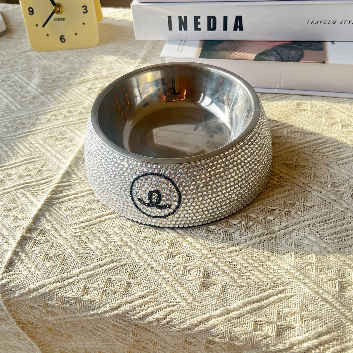 Designer Pet Bowl, Sparkg Rhies on Stainless Steel, Non-Slip Base, for Food, Water, Treats, Sier, Small,J20