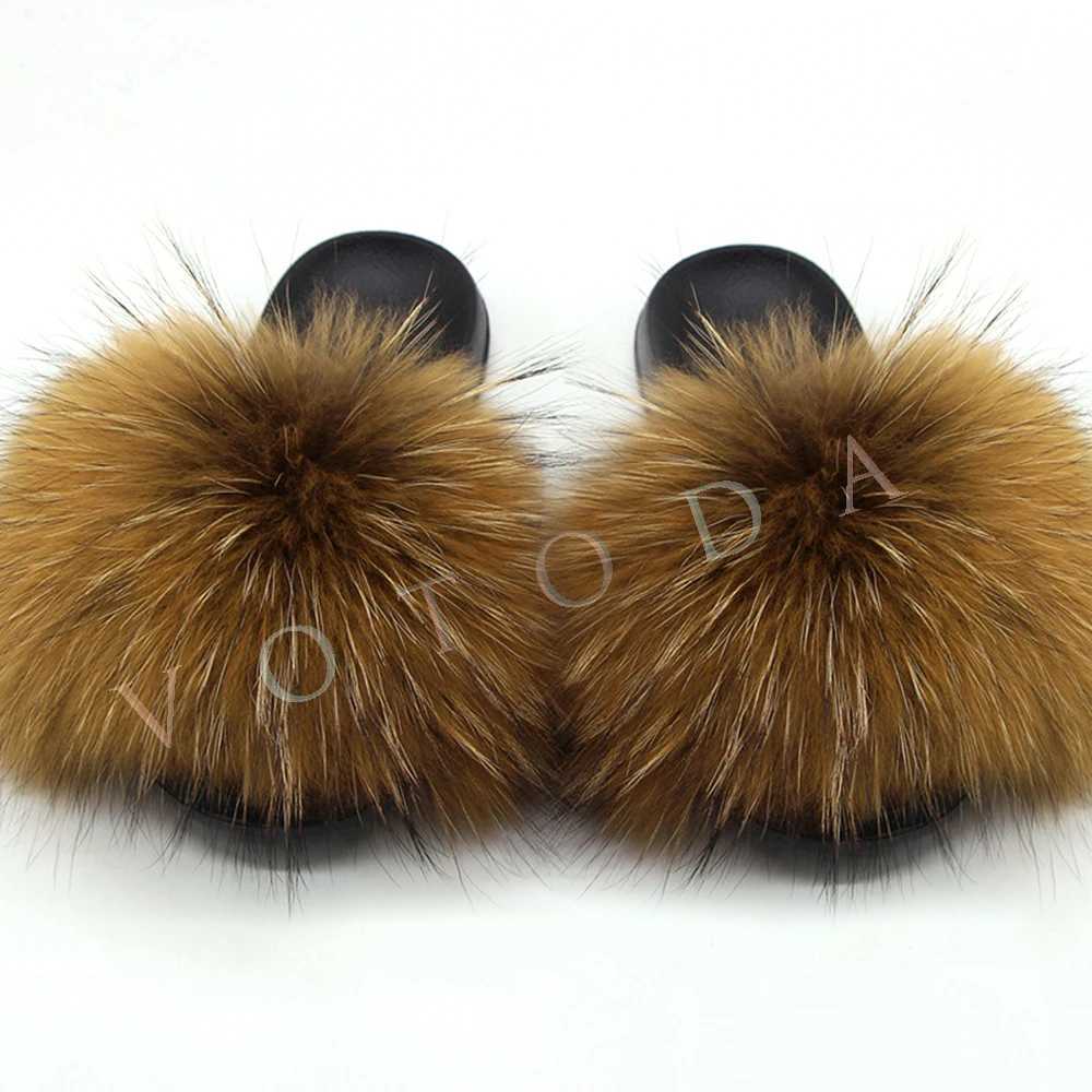 designer sandals Summer Women FurroomWoman Fluffy Raccoon Fox Fur Slides Female Furry Outside Flat Flip Flop Ladies Rainbow Slip On SandalsL464