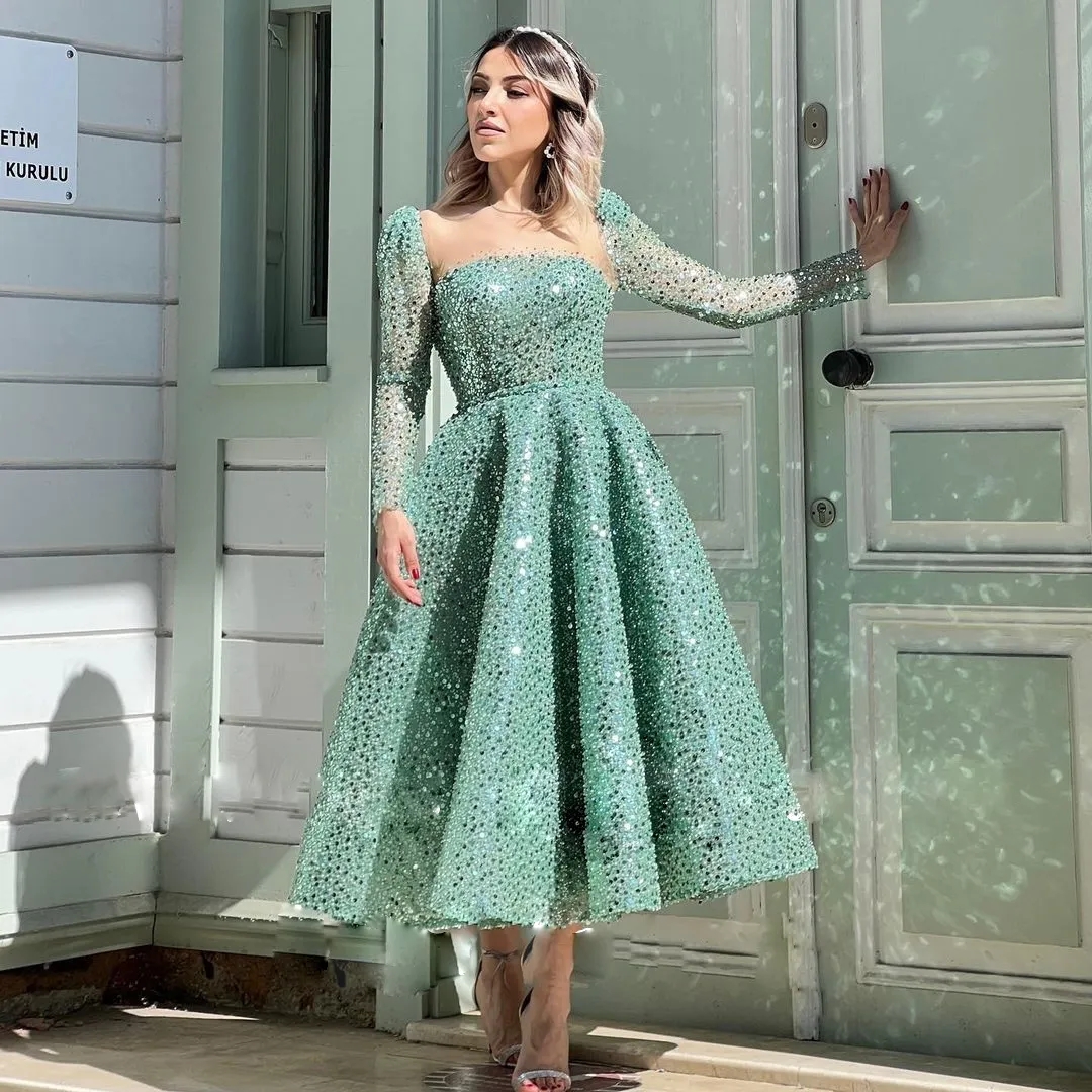 Shiny Sequined Tea Length Prom Dresses Sheer Neck Long Sleeve Beaded Formal Party Gown Pleat Short Womens Special Ocn Dress 6660312
