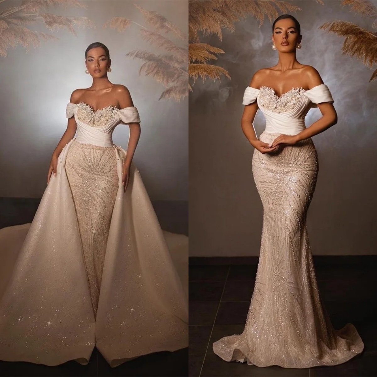 Ful Lace Mermaid Bridal Gowns Pearl Wedding Dress With Overskirts Sequins Off The Shoulder Custom Made Sweep Train Vestido De Novia 0219