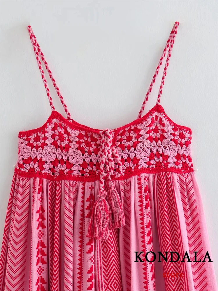 KONDALA Boho Wer Print Knit Corset Long Cami Women Bow Tie Embroideried Ruffles Beach Fashion Summer Dress 2409