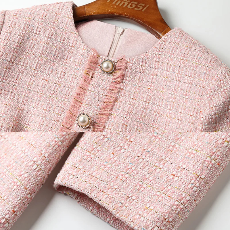 EVNISI Pink Spring Women Dress Knitted Elegant Bodycon Dresses Wrist Sleeve Tweed Patchwork For Women Office Vestidos 240529