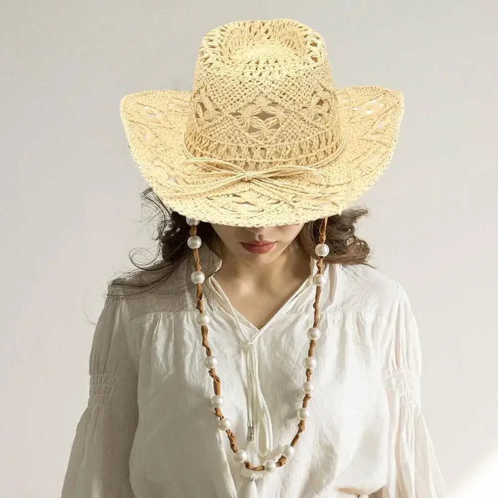 Summer Outdoor Men Women Handwoven Western Cowboy Straw Hats Wide Brim Breathable Beach Jazz Cap Sun Protection Hat 240604