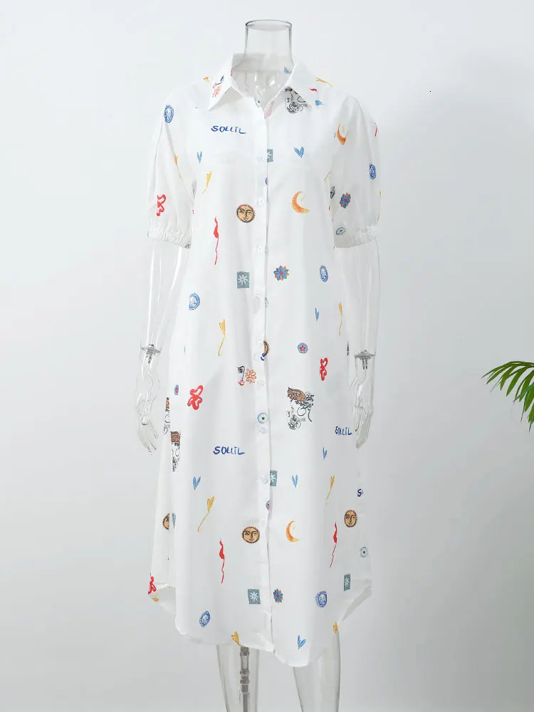 Women Chic Graffiti Print Lace Up Midi Dress Elegant Lapel Lantern Short Sleeve Dresses Female Casual Vacation Vestidos 240603