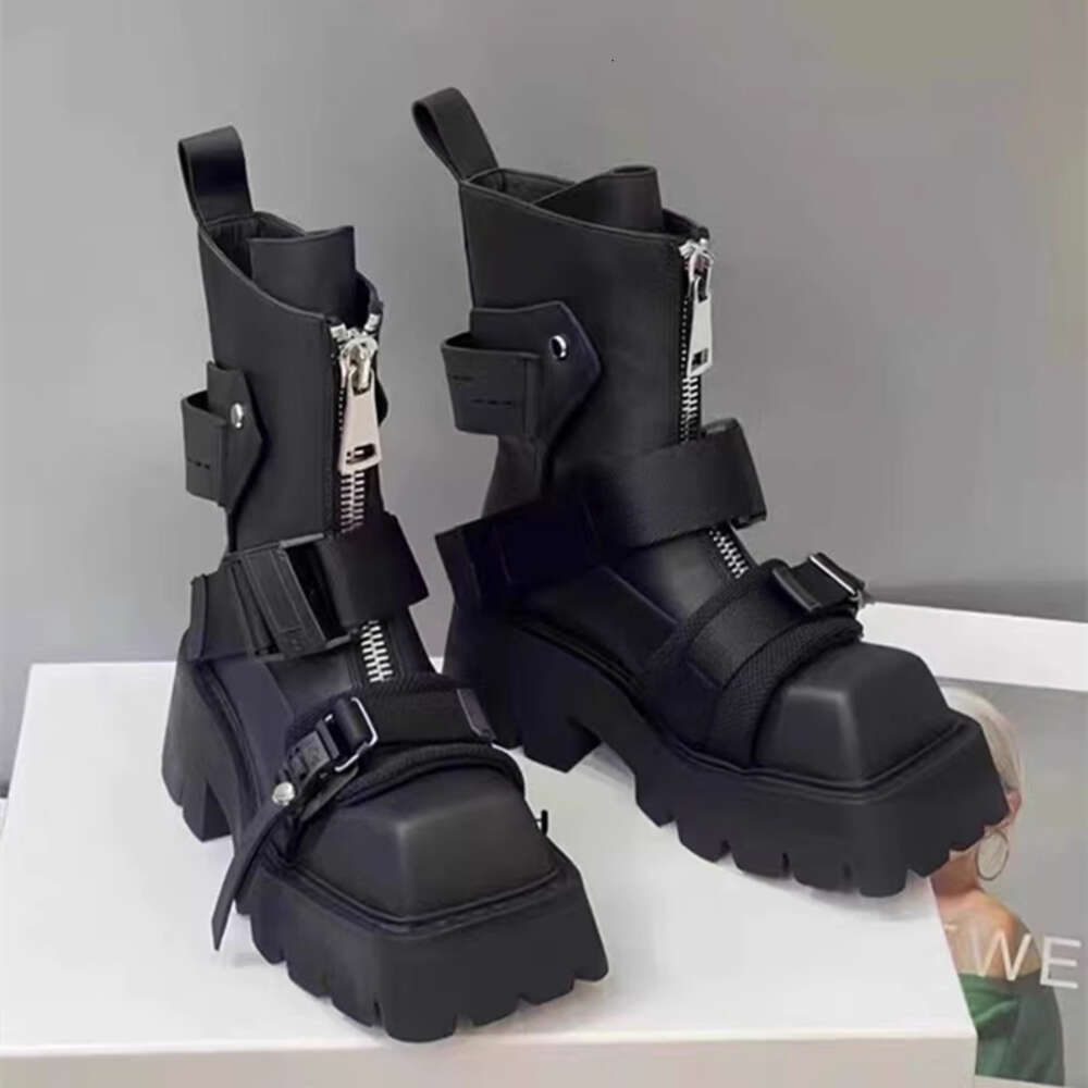 Autumn Women Ankle Thick Sole Zipper Belt Buckle Fashioner Shoes Leather Motorcycle Platform Boots Botines Zapatos
