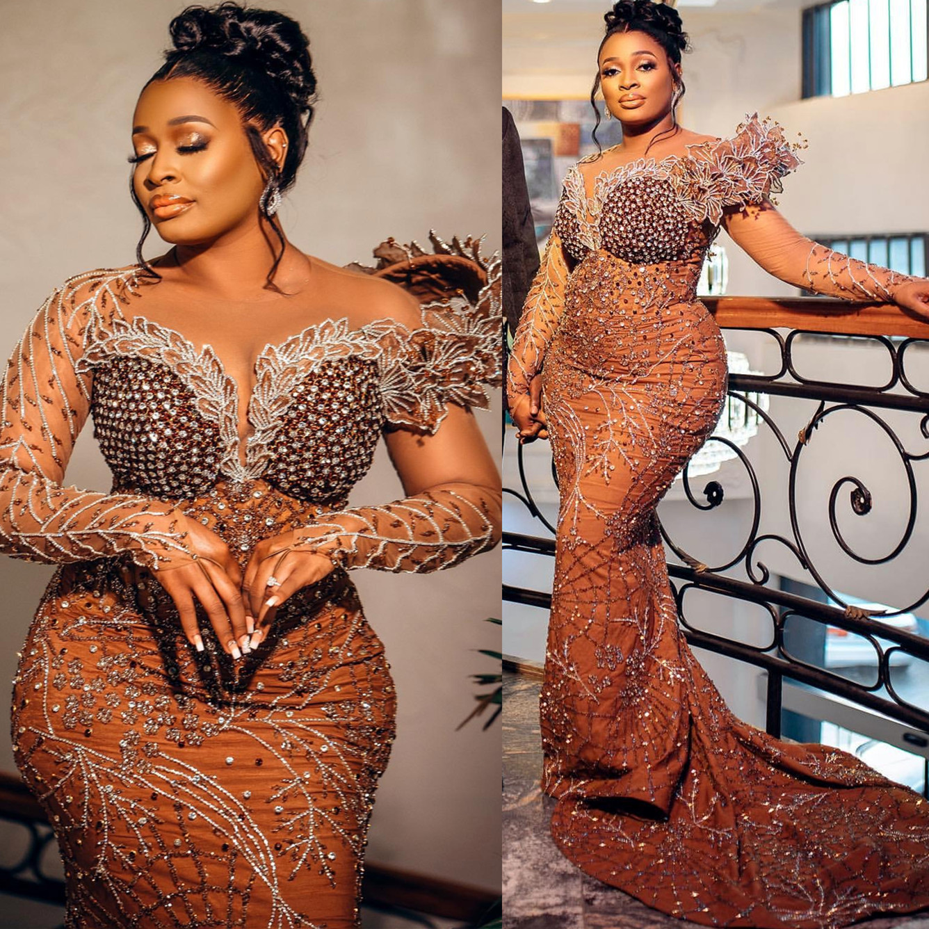 2024 Aso Ebi Plus Size Brown Mermaid Prom Dress Beaded Crystals Florals Evening Party Second Reception 50th Birthday Engagement Thanksgiving Gowns Dre