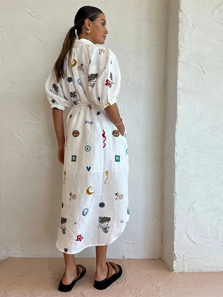 Women Chic Graffiti Print Lace Up Midi Dress Elegant Lapel Lantern Short Sleeve Dresses Female Casual Vacation Vestidos 240603