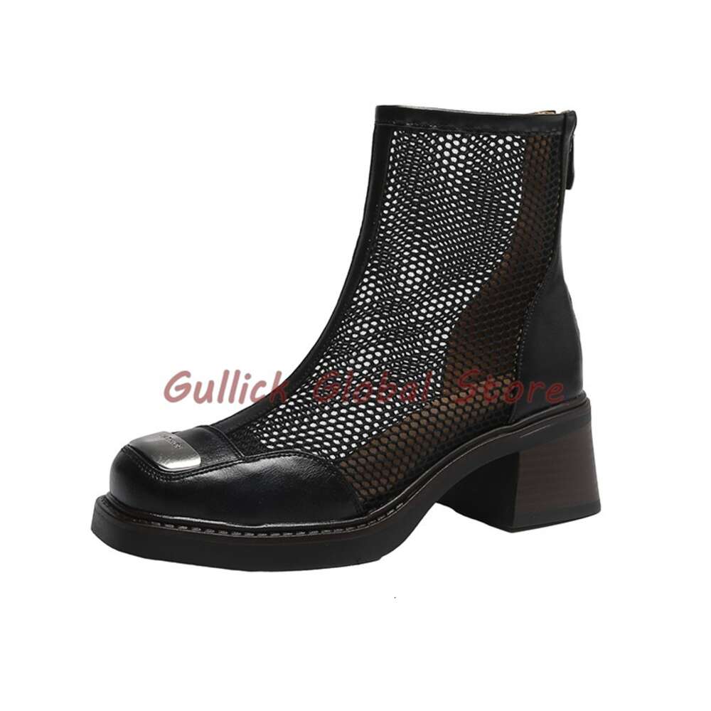 2024 New Style Mesh Round Toe Metal Decoration Ankle Boots Handmade Zipper Summer Casual Concise Breathable Cosy Comfortable