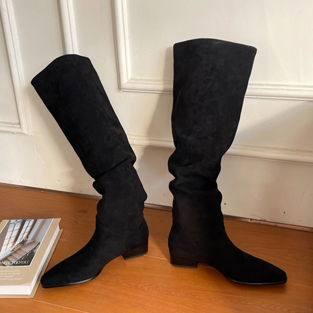 Womens knee high boots womens sliding on simple pleated suede winter Botas large circle spring and autumn womens elastic boots 240607