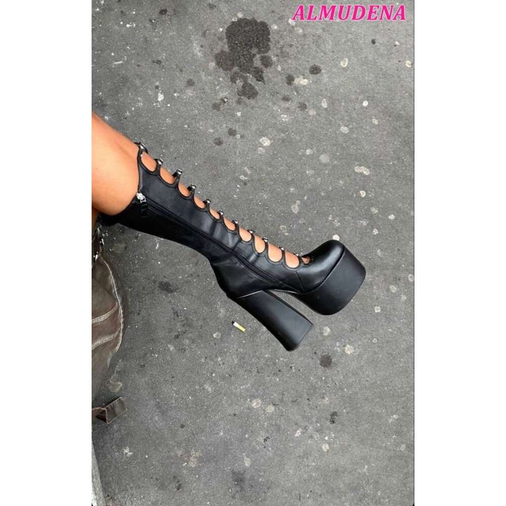 Pink Satin Platform Knee High Women Black Chunky Heel Buckled Zip Leather Boots Designer Big Size Cute Shoes