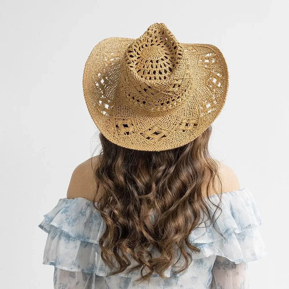Summer Outdoor Men Women Handwoven Western Cowboy Straw Hats Wide Brim Breathable Beach Jazz Cap Sun Protection Hat 240604