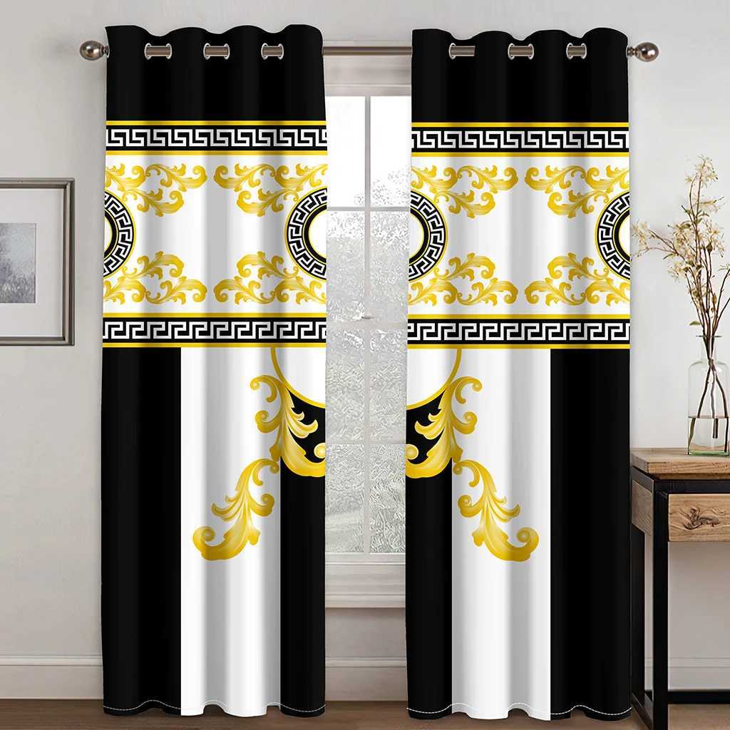 Curtain Luxury black and gold bar abstract Ethiopian curtains childrens bedroom living room kitchen door home decoration 2PCS T240604