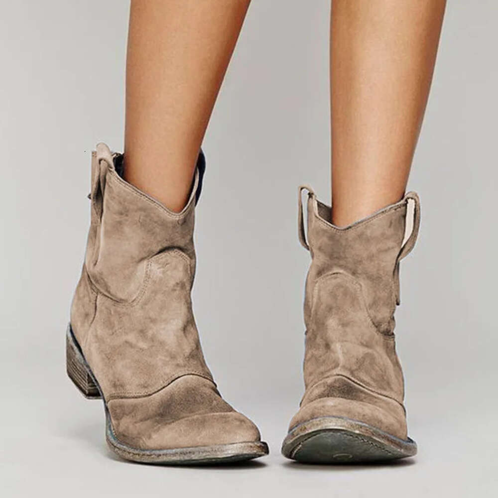 Retro Cowboy Ankle For Women Low Heels Western Short Boots Fashion PU Leather Vintage Denim Female Booties