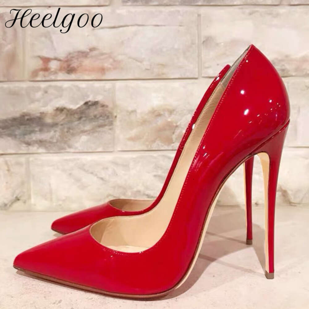 Heelgoo Glossy Women Fashion Essential Pointy Toe High Heel Shoes Red For Wedding Simple Plain Stiletto Pumps 12Cm 10Cm 8Cm