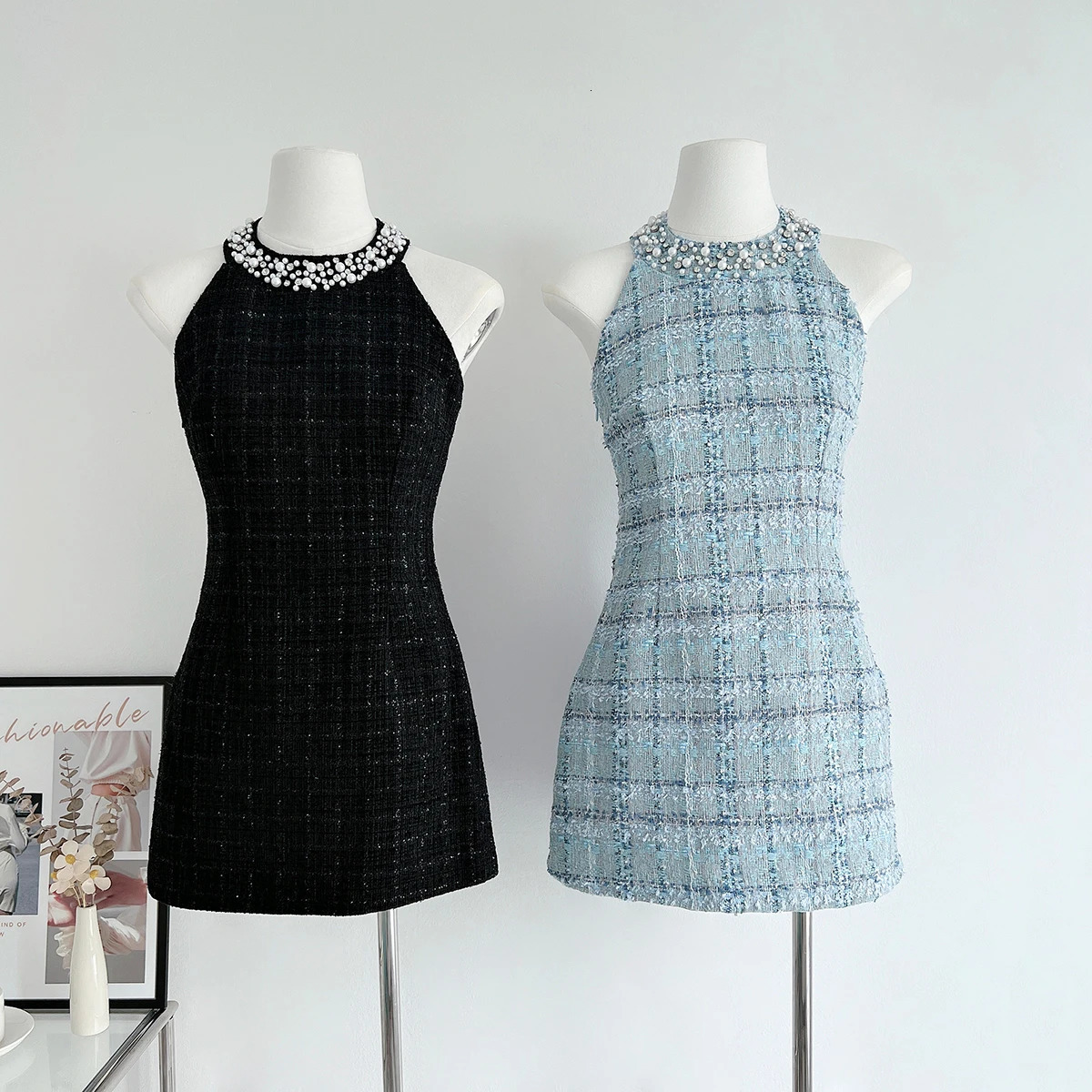 Small Fragrance Fashion Beads Tweed Sexy Slim Halter Sleeveless Bodycorn Dress Korean Elegant Slim Waist Mini Dresses 240529