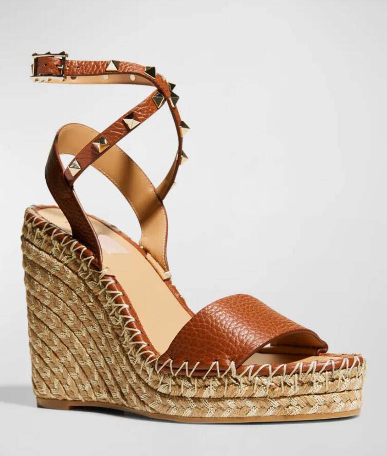 Designer rivets sandal leather high heels wedge shoes double Espadrille metallic wedge grain leather strappy wedges heel party dress lady's shoes With box